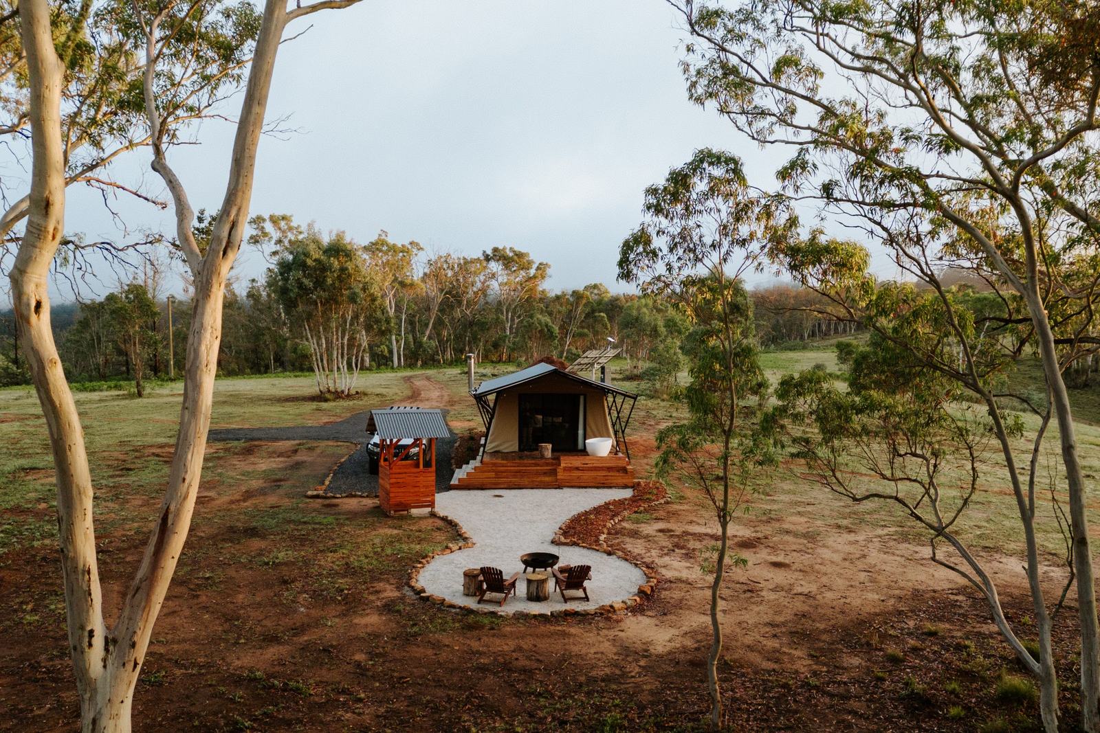 Aerial view of the eco glamping tent in its bushland clearing