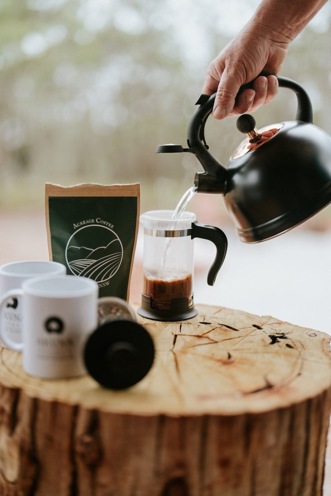 Fresh coffee from the French press on the deck