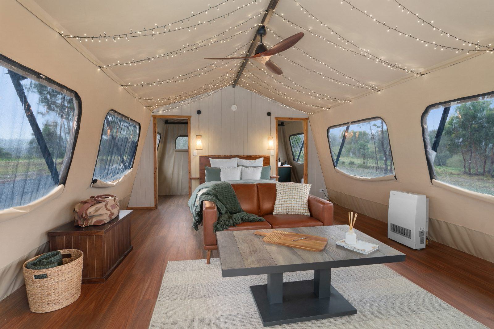 Leather lounge and dining nook by the wood stove
