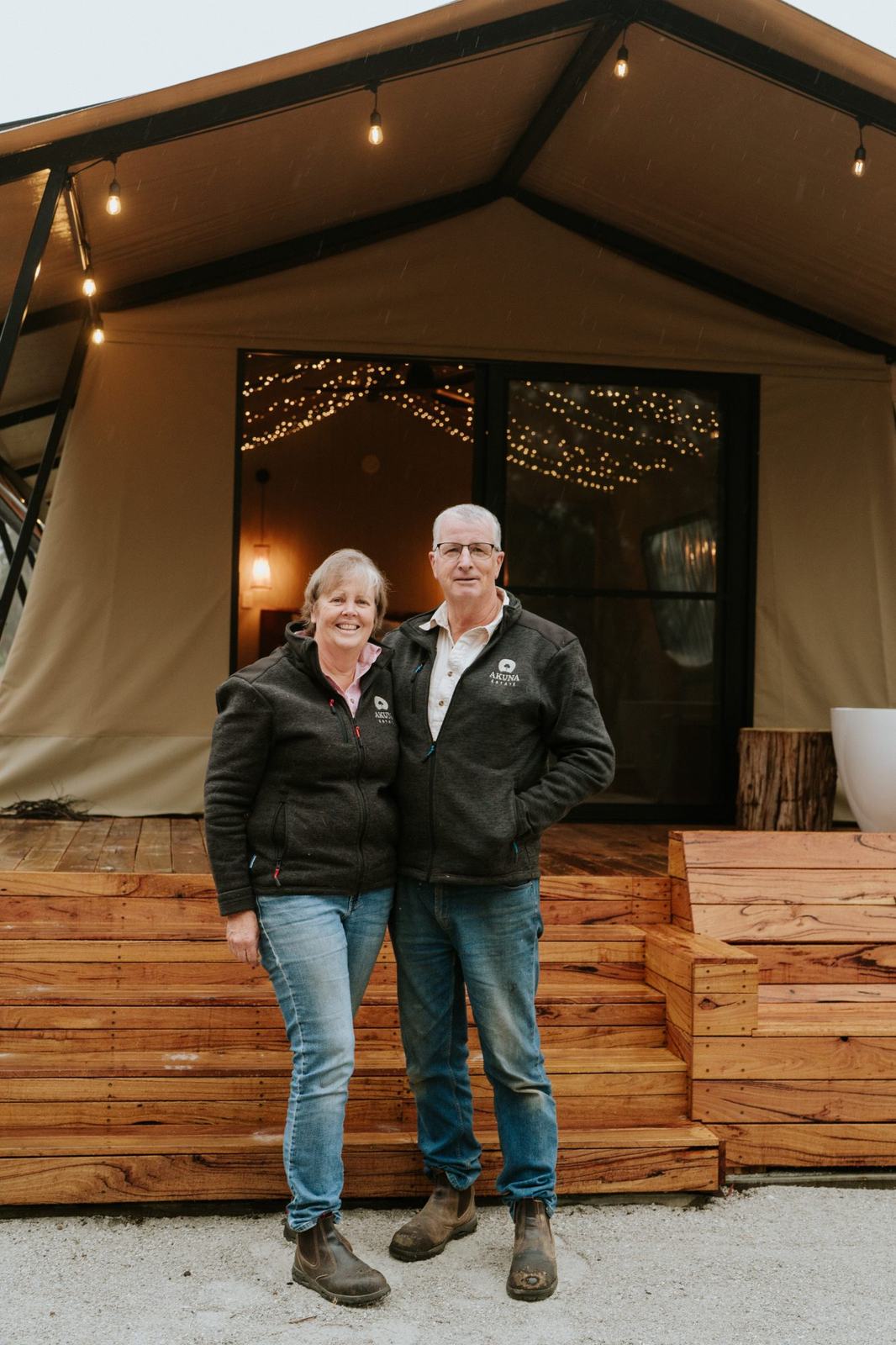 Helen & Toby, your hosts, outside a guest tent