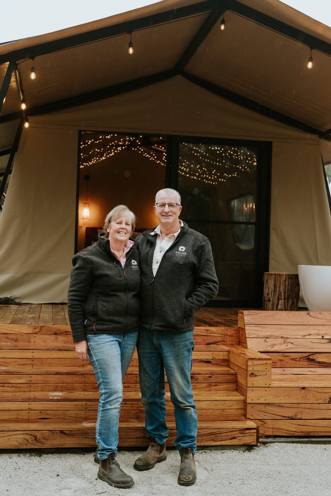 Helen and Toby, owners of Akuna Estate, outside a guest tent