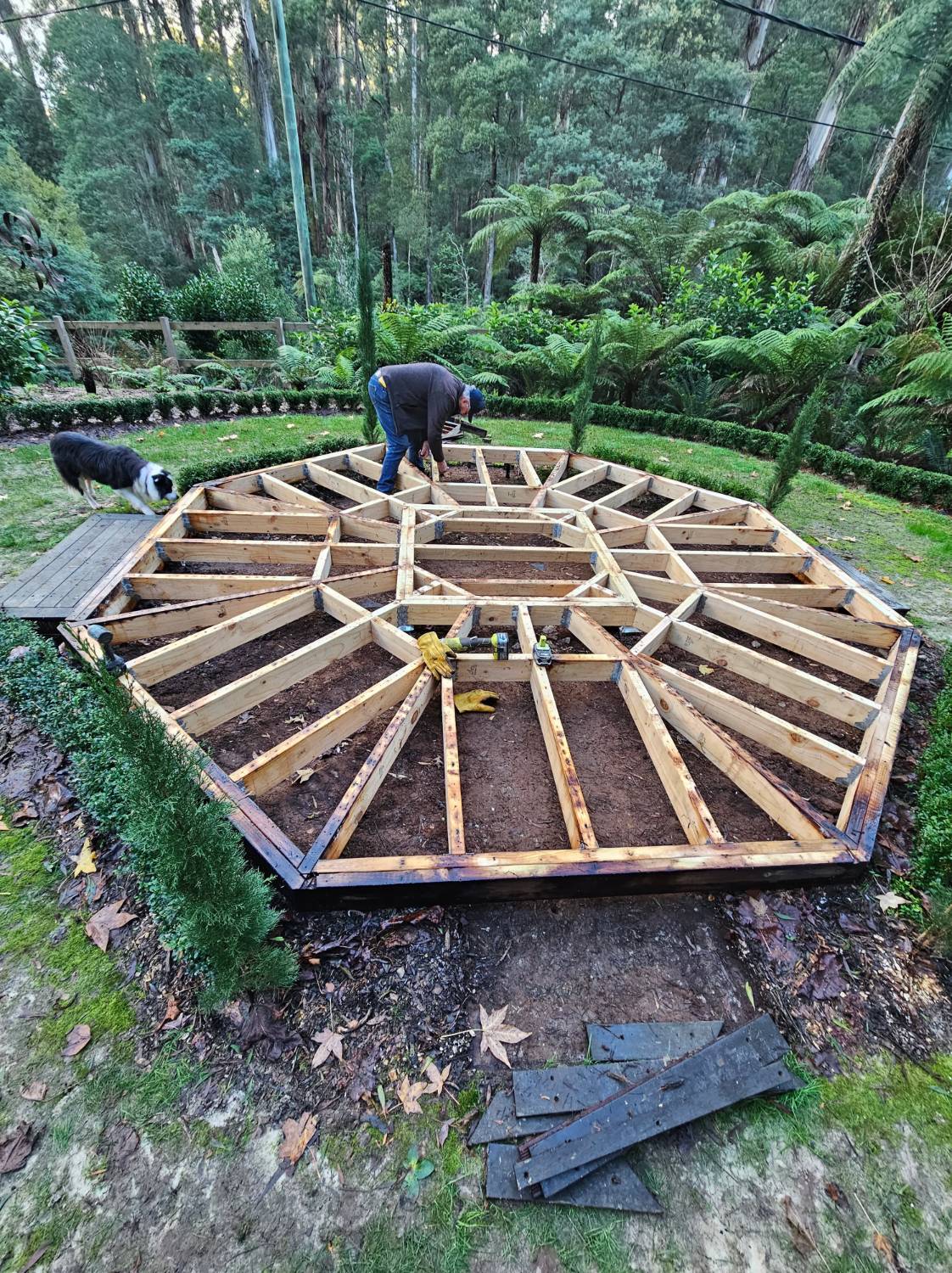 The octagonal gazebo frame under construction, seen from above